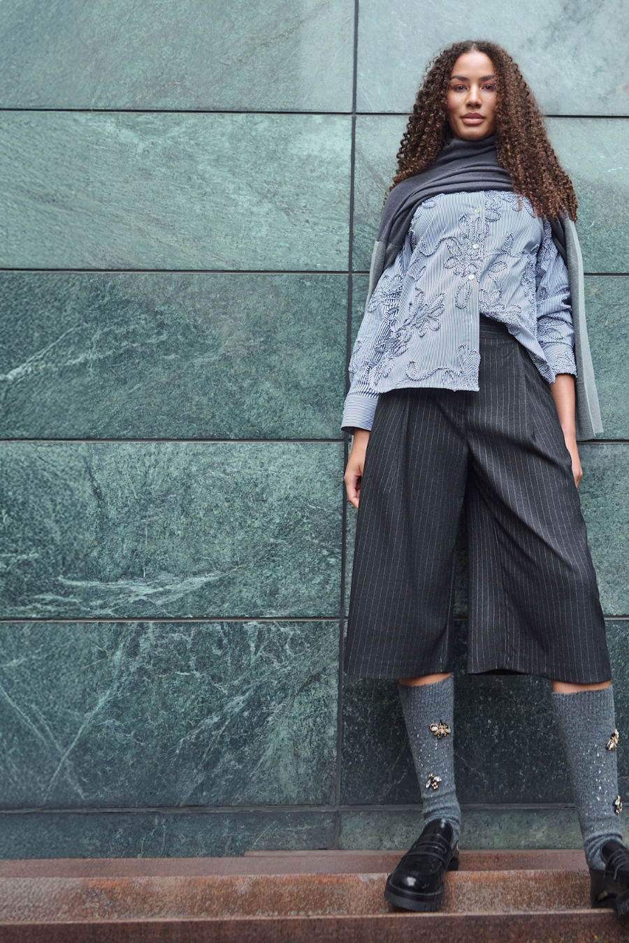 Grey Pinstripe Shirt with Embroidered Floral Appliqué