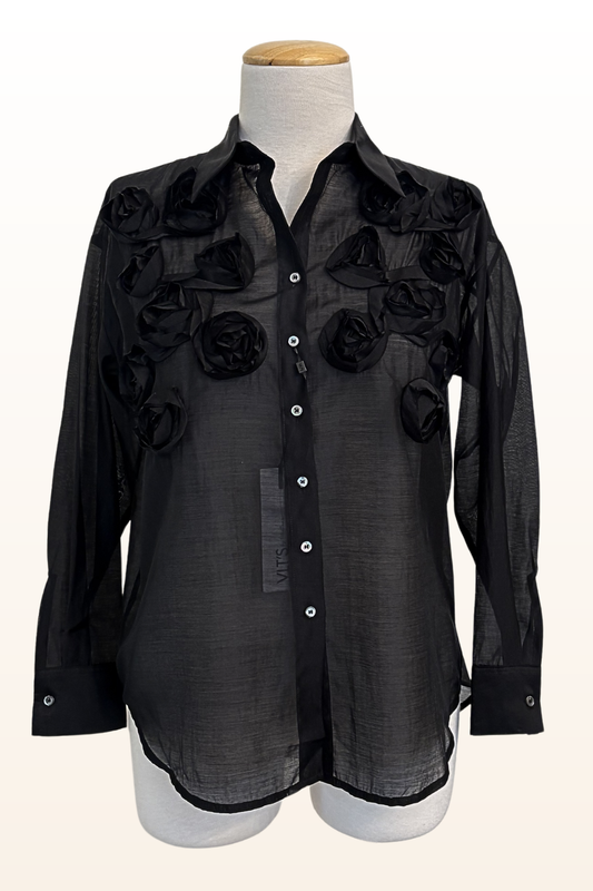Black Rosette Appliqué Blouse