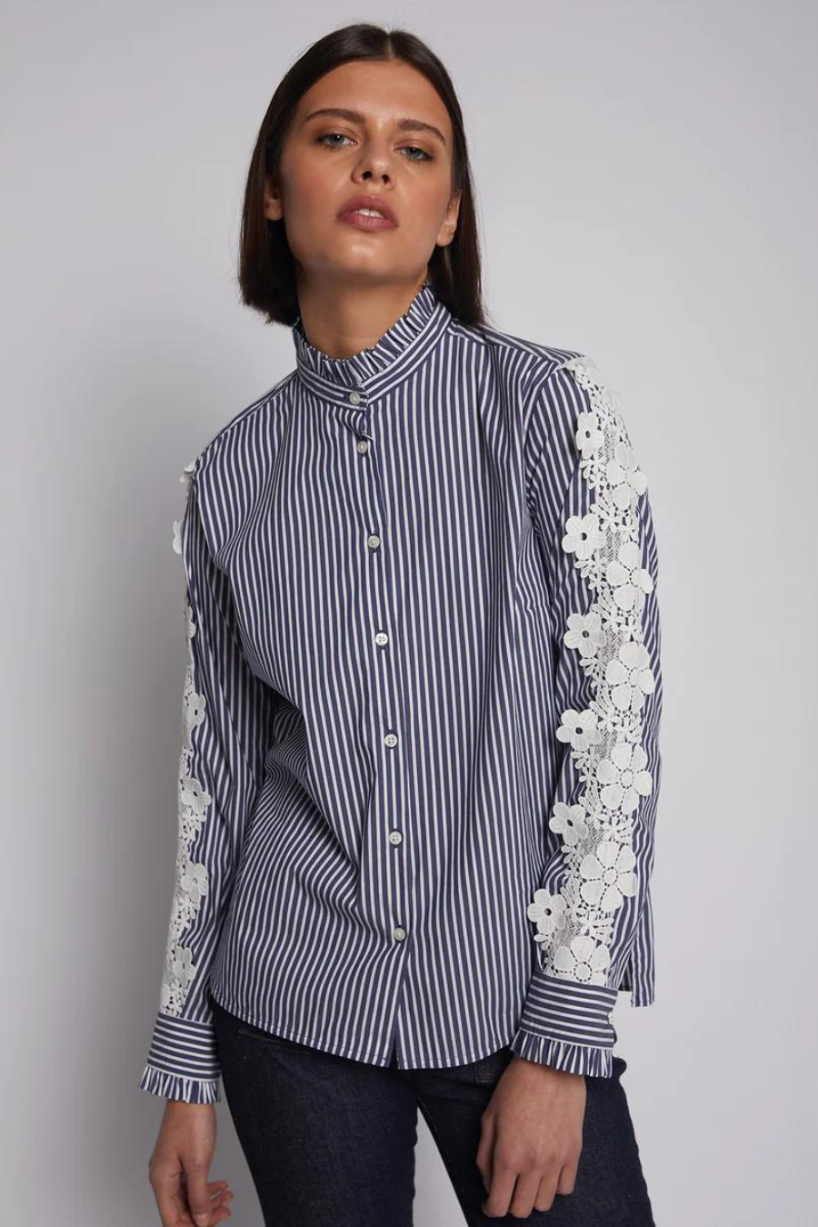 Vilagallo Diana Navy Stripe Lace Sleeve Shirt – Butter Studio