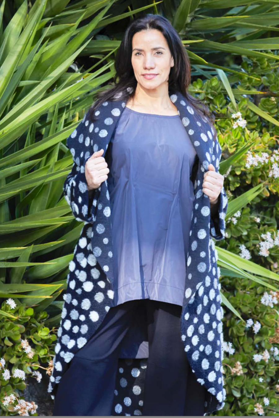 Wrap Coat in Navy Wool with Grey and Cream Dots