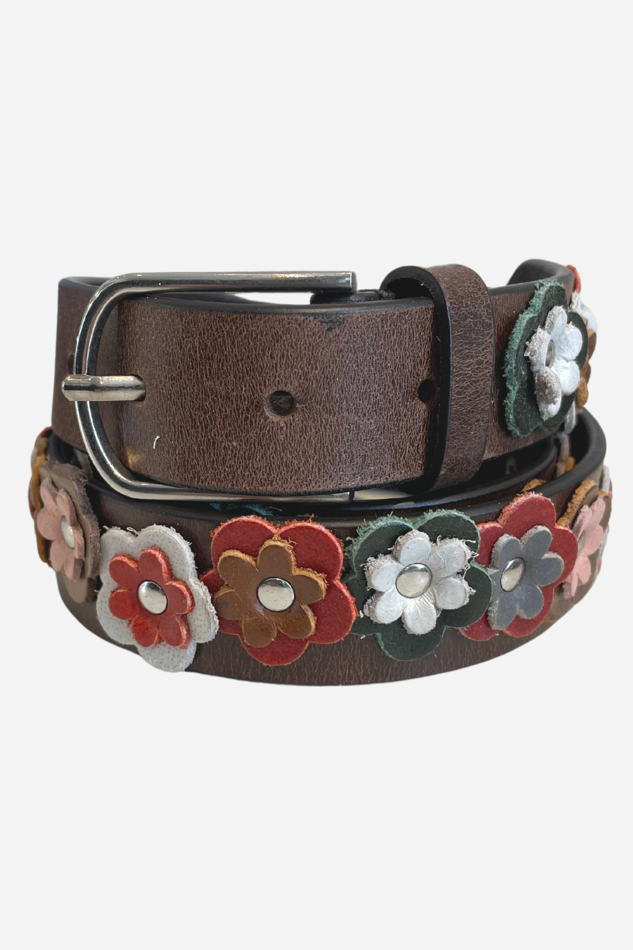 Multi Flower Studded Leather Belt