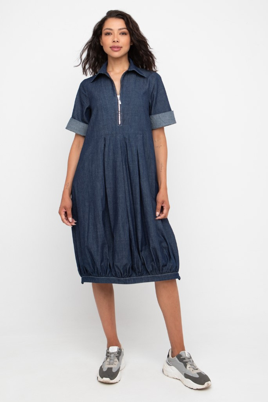 Short Sleeve Balloon Hem Denim Dress
