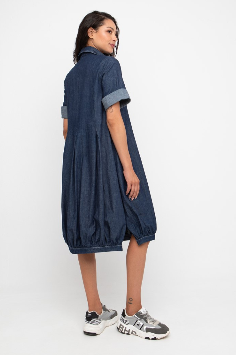 Short Sleeve Balloon Hem Denim Dress