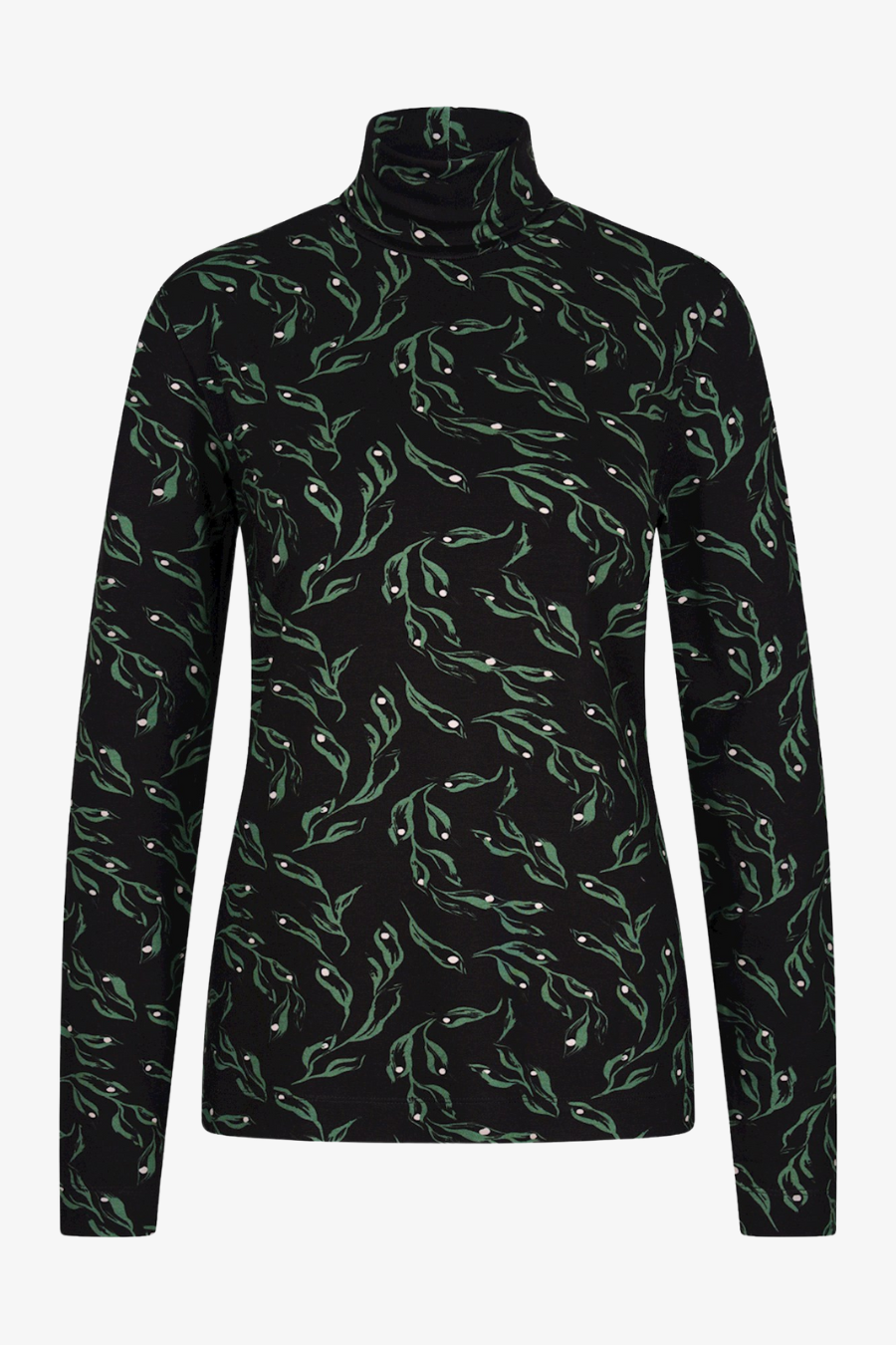 Black with Green Leaves Print Jersey Turtle Neck ONLINE ONLY