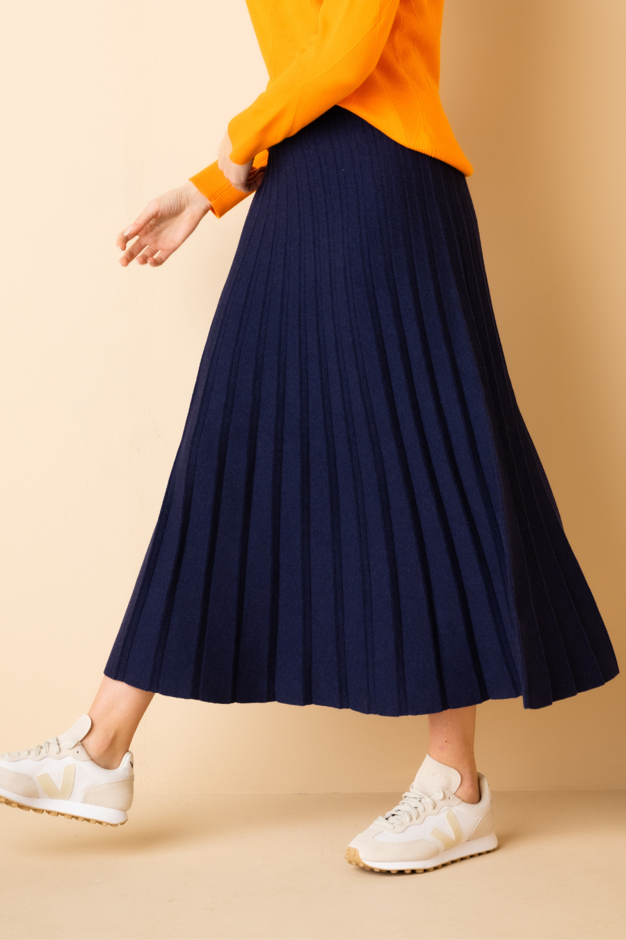 Navy Pleated A-line Skirt