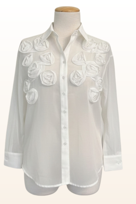 White Rosette Appliqué Blouse