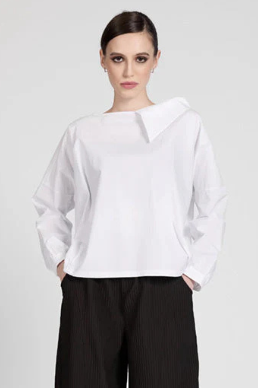 Offset Collar Cotton Shirt in White