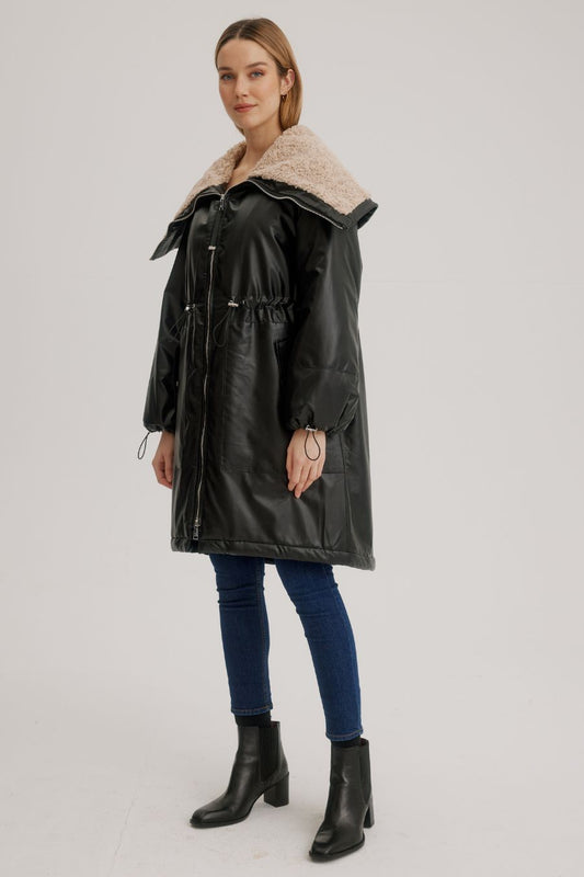 Vegan Leather Anorak w/Faux Fur Convertible Collar