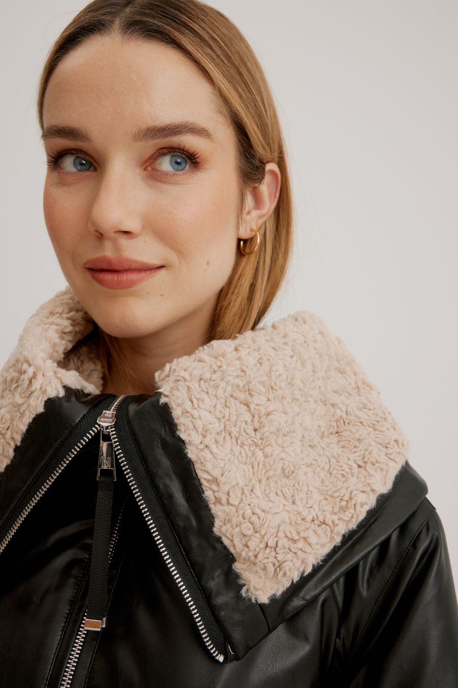 Vegan Leather Anorak w/Faux Fur Convertible Collar