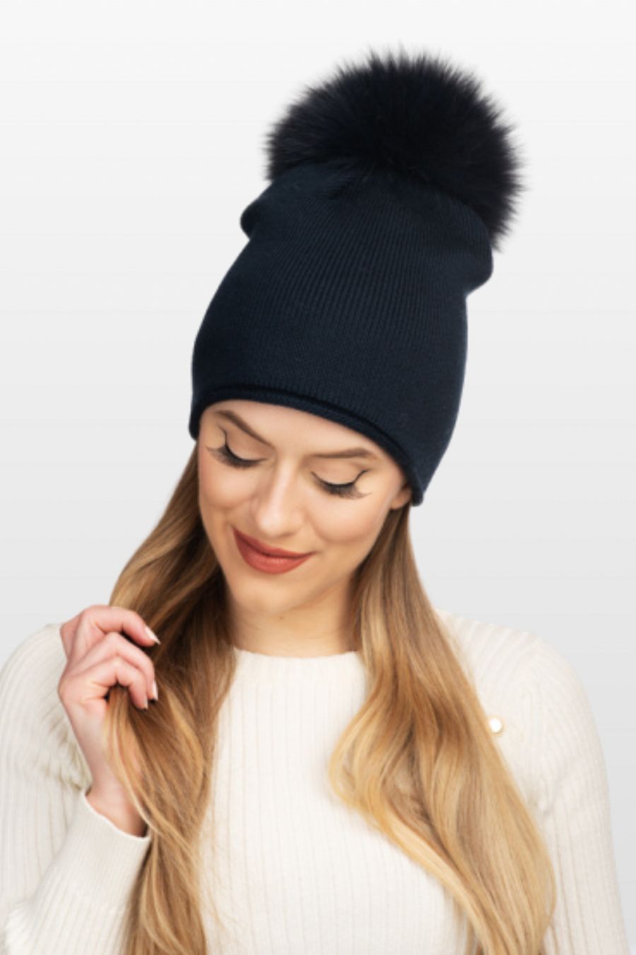 Glossy Wool Hat with XL Racoon Pom