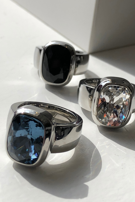 Rhodium Rectangle Cushion Crystal Ring