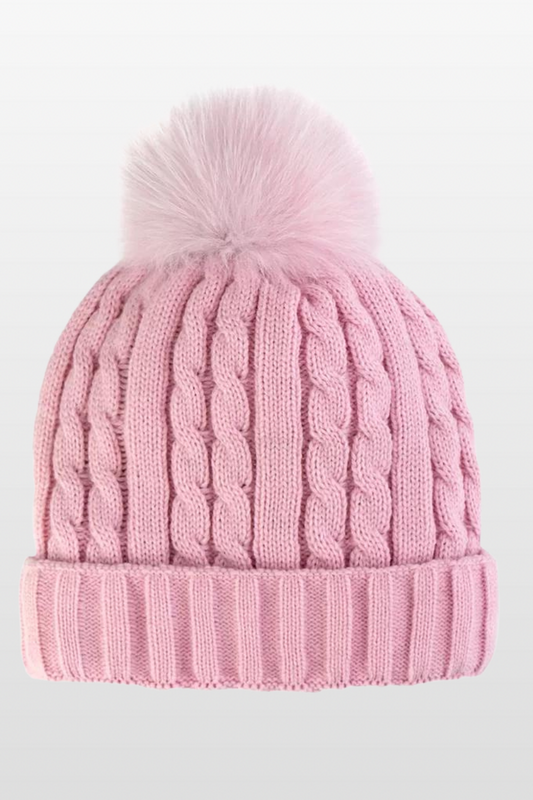 Cable Knit Hat with Fleece Lining and Fox Fur pom