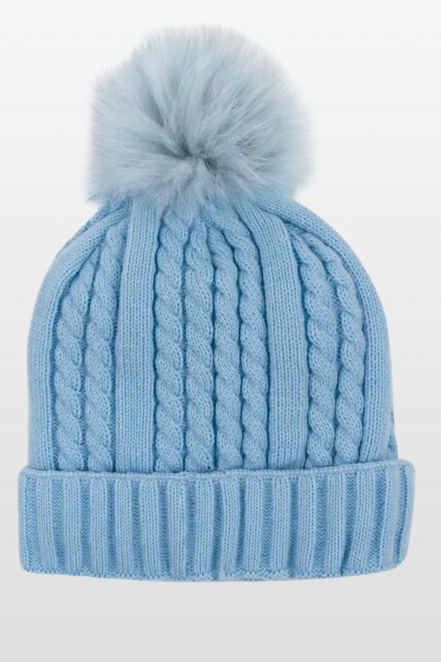 Cable Knit Hat with Fleece Lining and Fox Fur pom