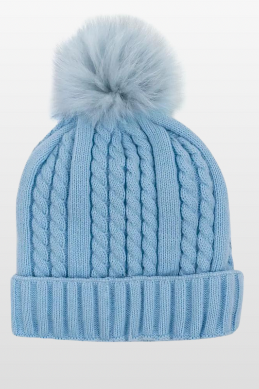 Cable Knit Hat with Fleece Lining and Fox Fur pom