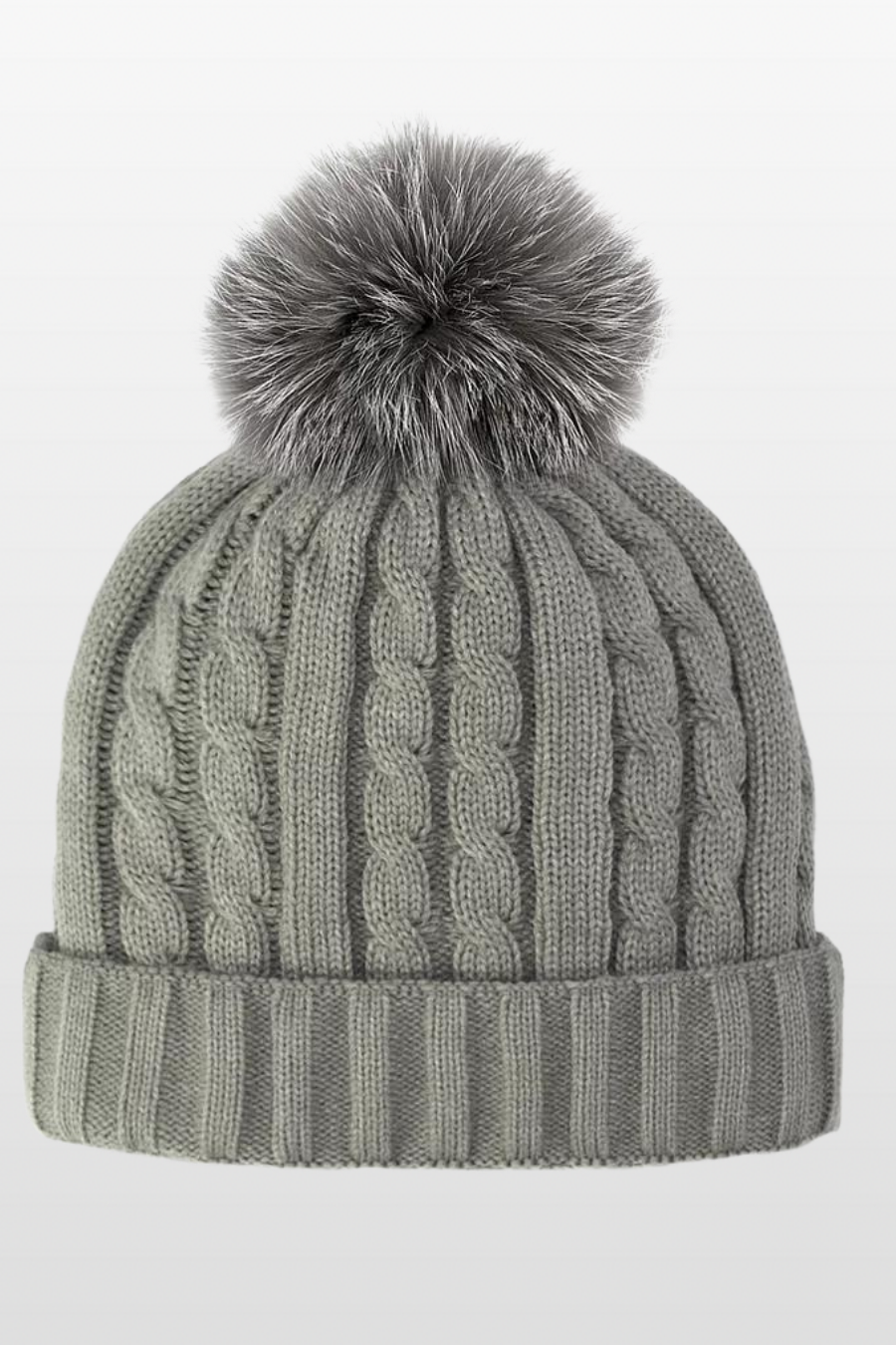 Cable Knit Hat with Fleece Lining and Fox Fur pom