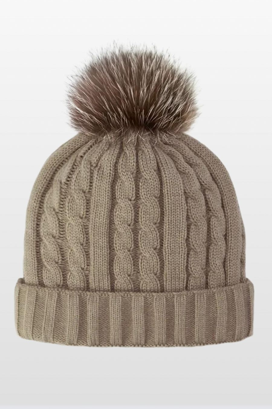 Cable Knit Hat with Fleece Lining and Fox Fur pom