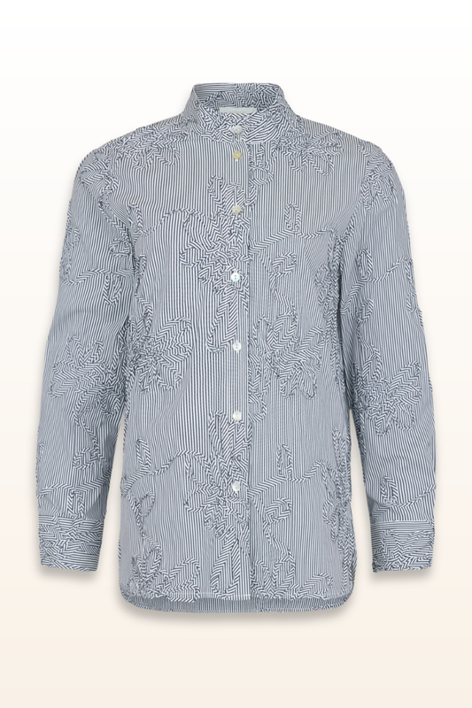 Grey Pinstripe Shirt with Embroidered Floral Appliqué
