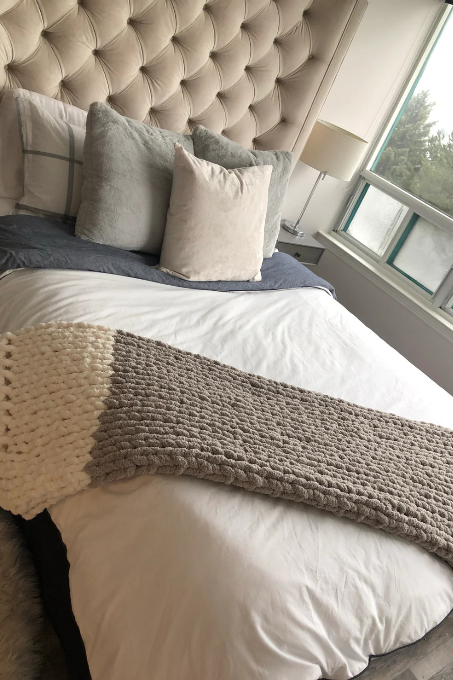 Healing Hand, Chunky Knit Blankets Light Grey with One White on one side