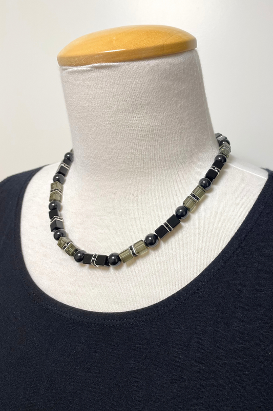 Black Pearl/Grey and Black Square Crystal and Rhondelles Beaded Necklace