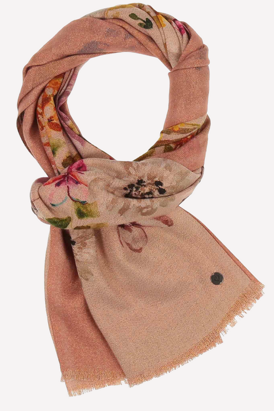 Glittering double-face scarf with a romantic floral print