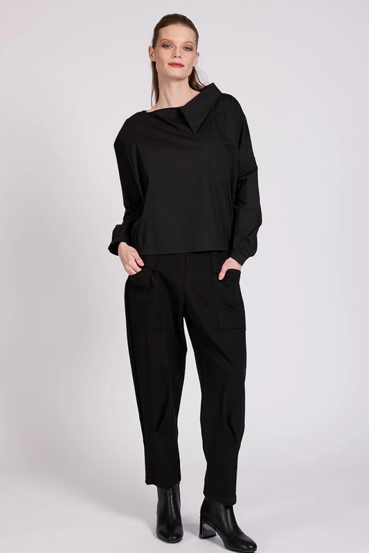 Offset Collar Cotton Shirt in Black