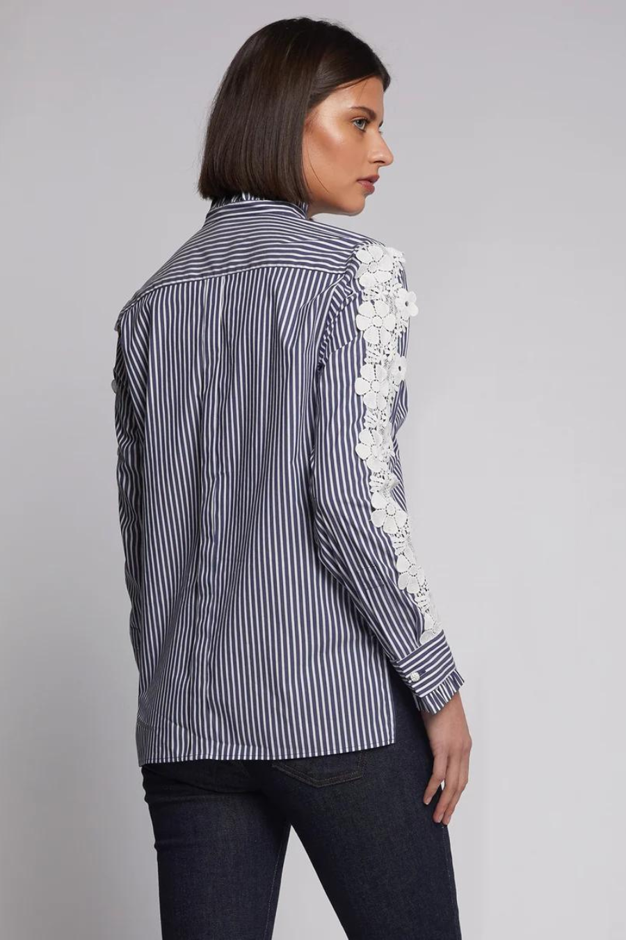 Vilagallo Diana Navy Stripe Lace Sleeve Shirt