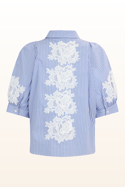 Blue Stipe White Flower Fancy Blouse-COMING SOON