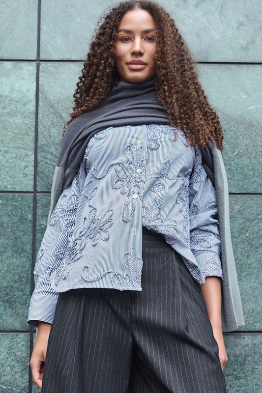Grey Pinstripe Shirt with Embroidered Floral Appliqué