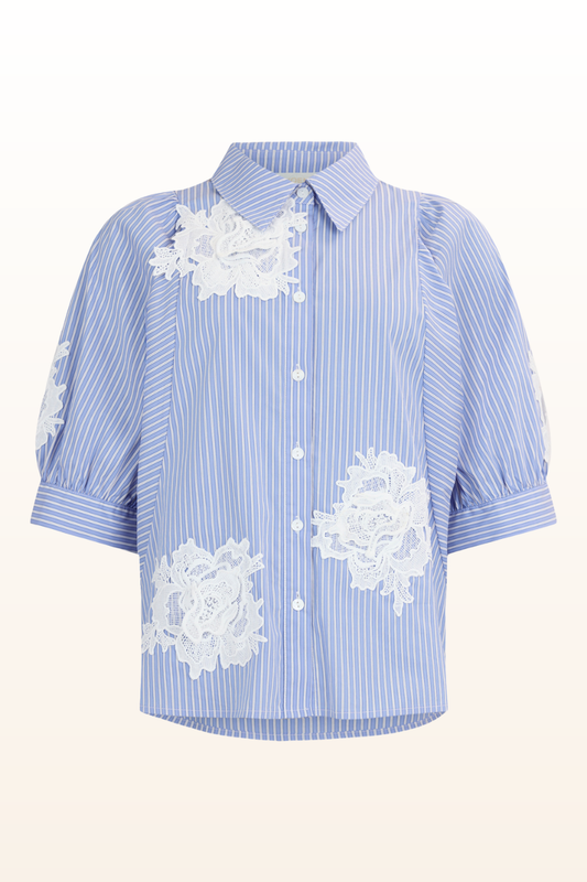 Blue Stipe White Flower Fancy Blouse-COMING SOON