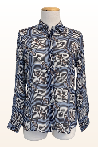Blue/Taupe Labyrinth Print Blouse