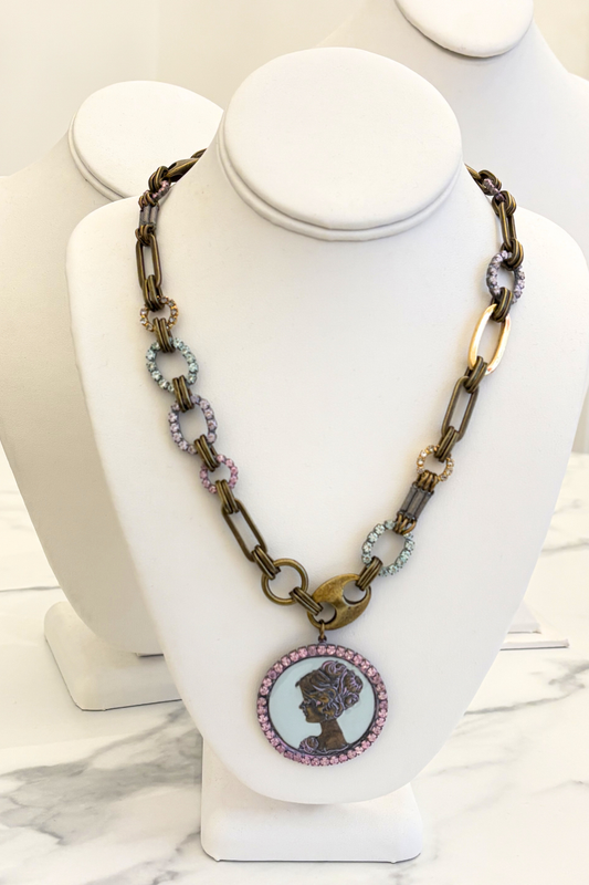 Enamel Cameo with Mixed Link Chain Necklace