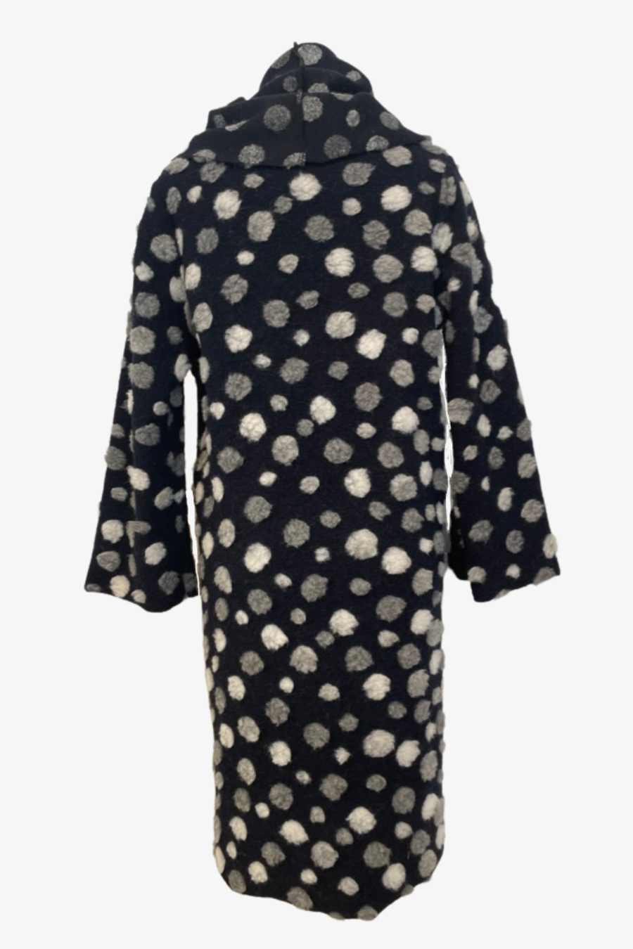 Wrap Coat in Navy Wool with Grey and Cream Dots
