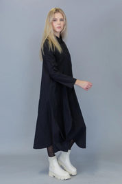 Shirt Collar Asymmetric Hem Black Dress