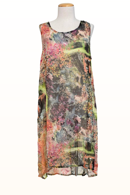 High-Low Dress in Silk Chiffon Giverny "Monet" Print-Size Large ONLY