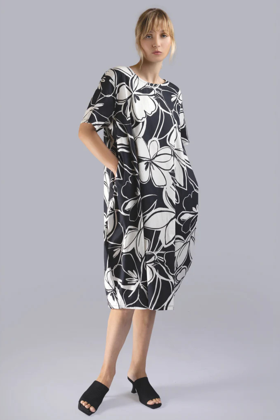 Black and Beige Print Cotton Bubble Dress-COMING SOON