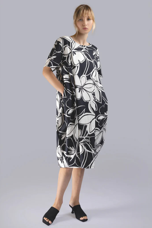 Black and Beige Print Cotton Bubble Dress-COMING SOON