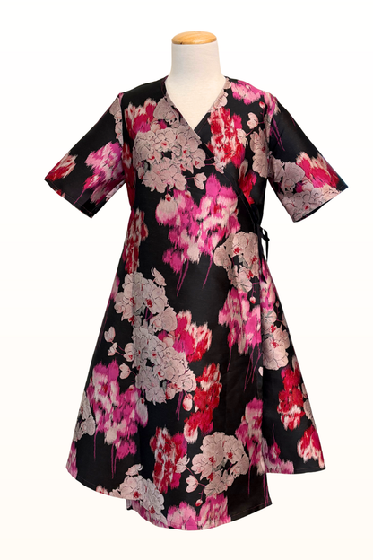 Estelle Wrap Dress in Black/Pink Print-Size Medium ONLY