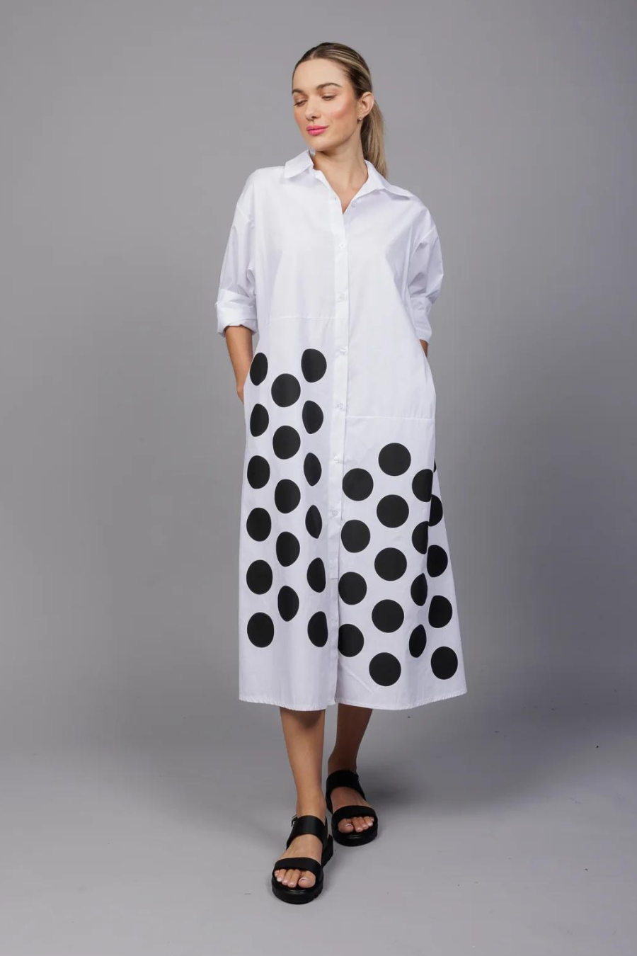 White Shirt Dress with Black Dot Detail
