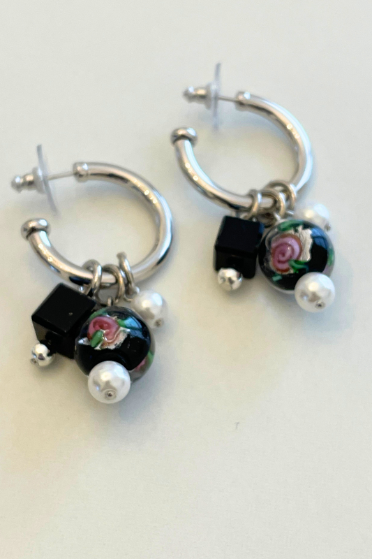 Black/Roses/Pearl Charm Hoop