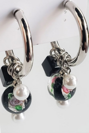 Black/Roses/Pearl Charm Hoop