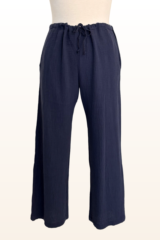 Navy Cotton Gauze Drawstring Pant