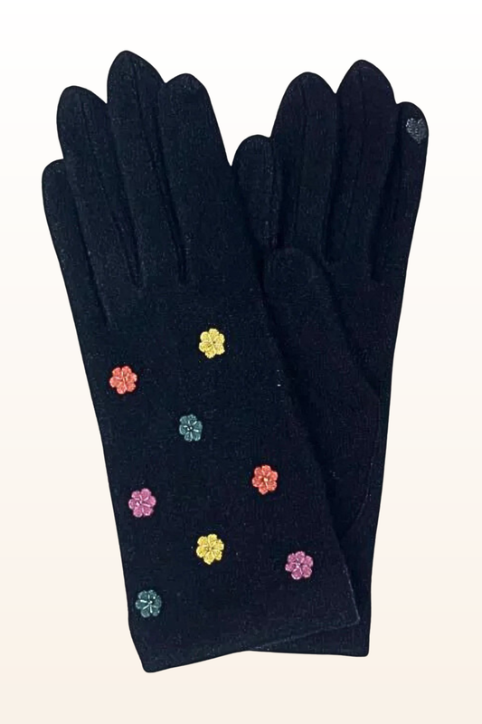 Floral Applique Black Wool Glove