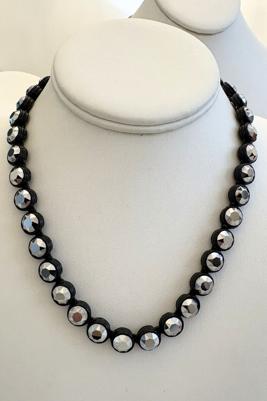 Hematite Crystals Set in Black Bezel Necklace