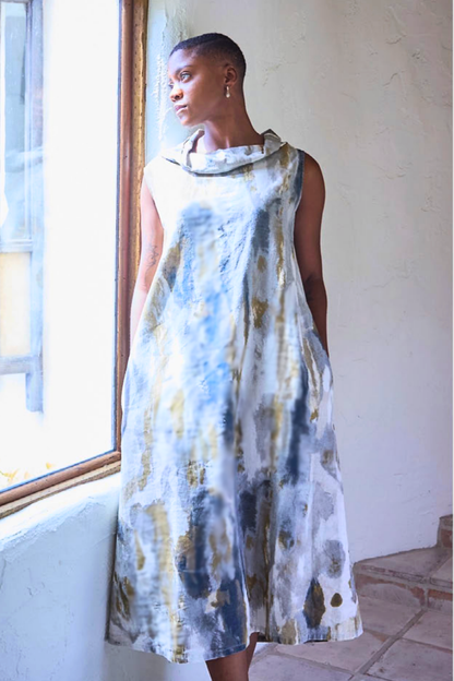 Henrietta Dress in Pioggia Print Linen/Viscose
