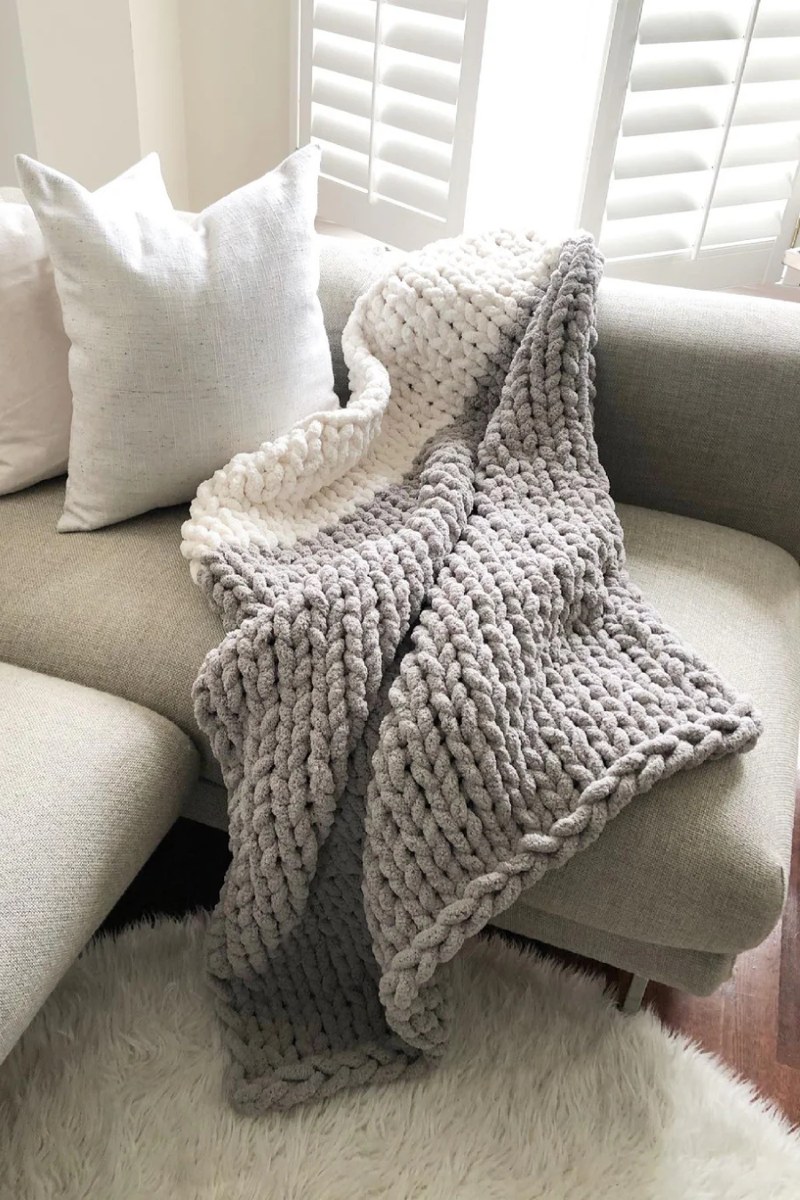 Healing Hand, Chunky Knit Blankets Light Grey with One White on one side