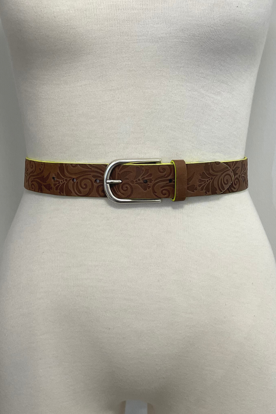 Brown Embossed/Lime Edge Leather Belt