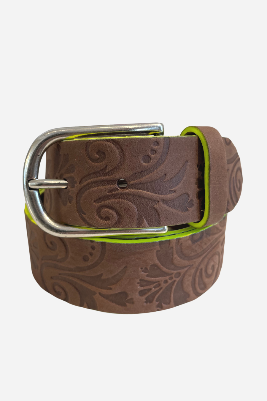 Brown Embossed/Lime Edge Leather Belt