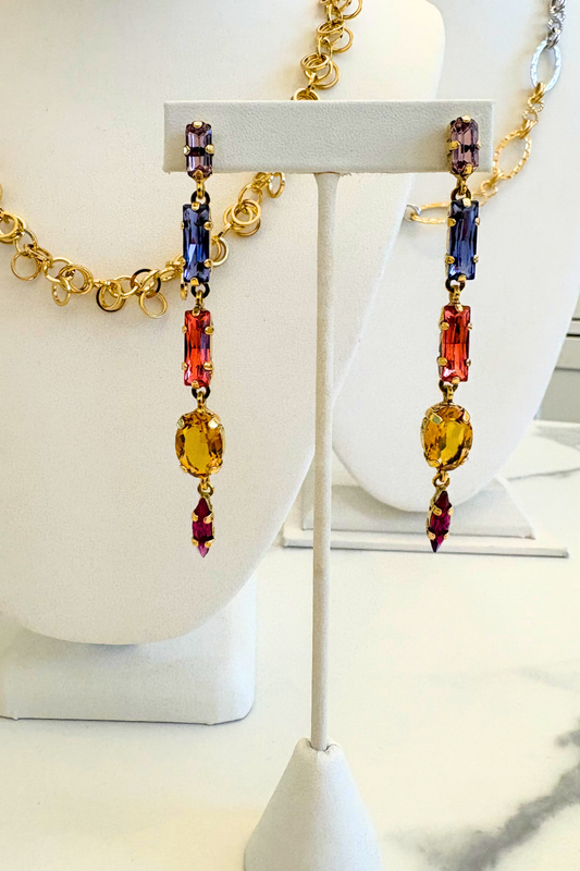 Long Skinny Multi Colour Crystal Earrings