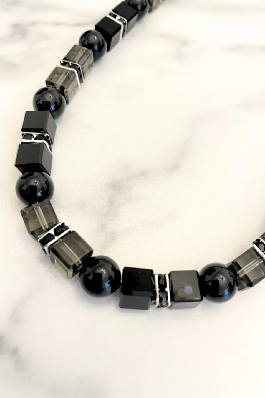 Black Pearl/Grey and Black Square Crystal and Rhondelles Beaded Necklace