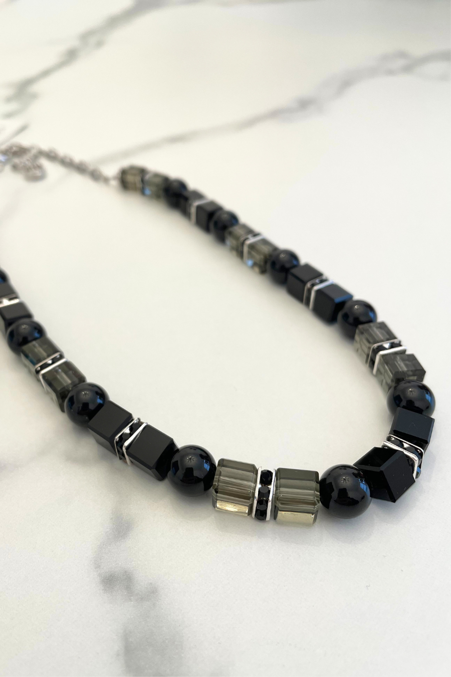 Black Pearl/Grey and Black Square Crystal and Rhondelles Beaded Necklace